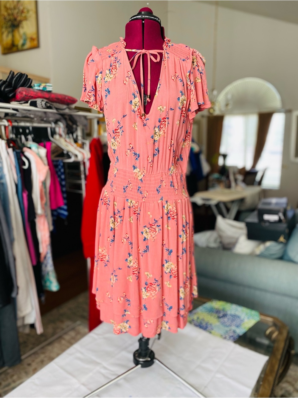 Floral Tie-Back Mini Dress in Coral